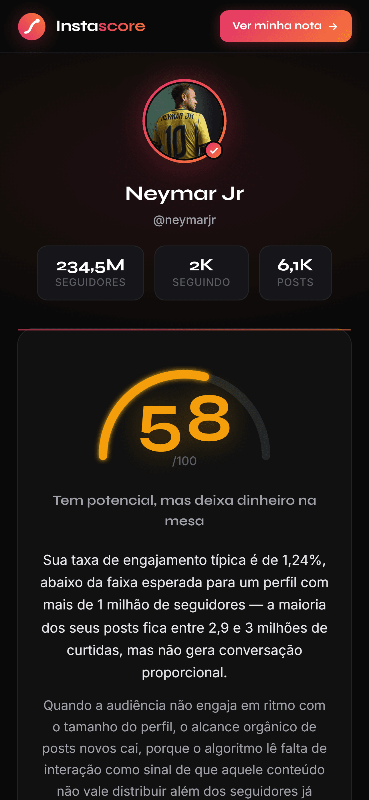 Exemplo de resultado do Instascore: análise de um perfil real com nota e dimensões